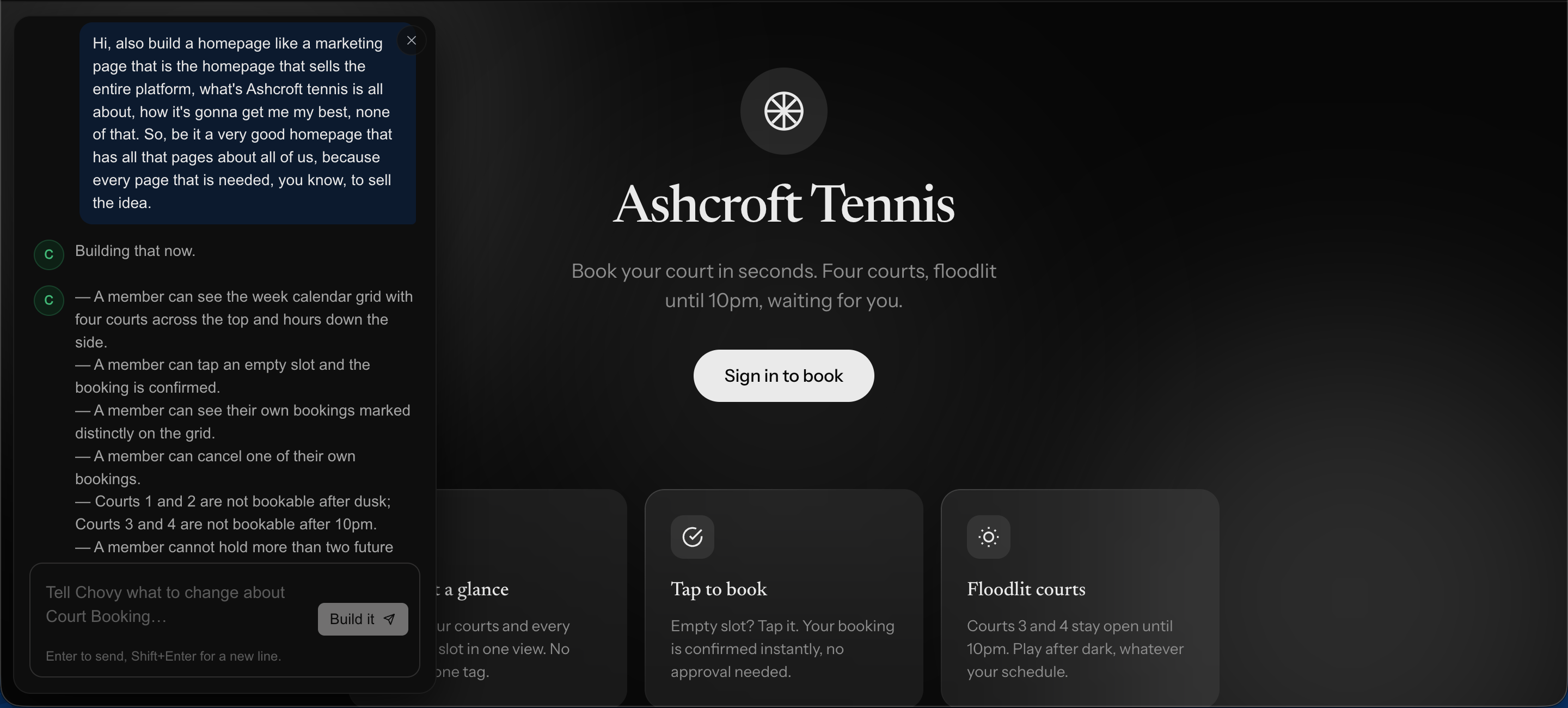 A Chovy workspace: on the left, a conversation where the last message asks for a better design and Chovy is working out the change; on the right, the live Dog Show Booking app at its own address.